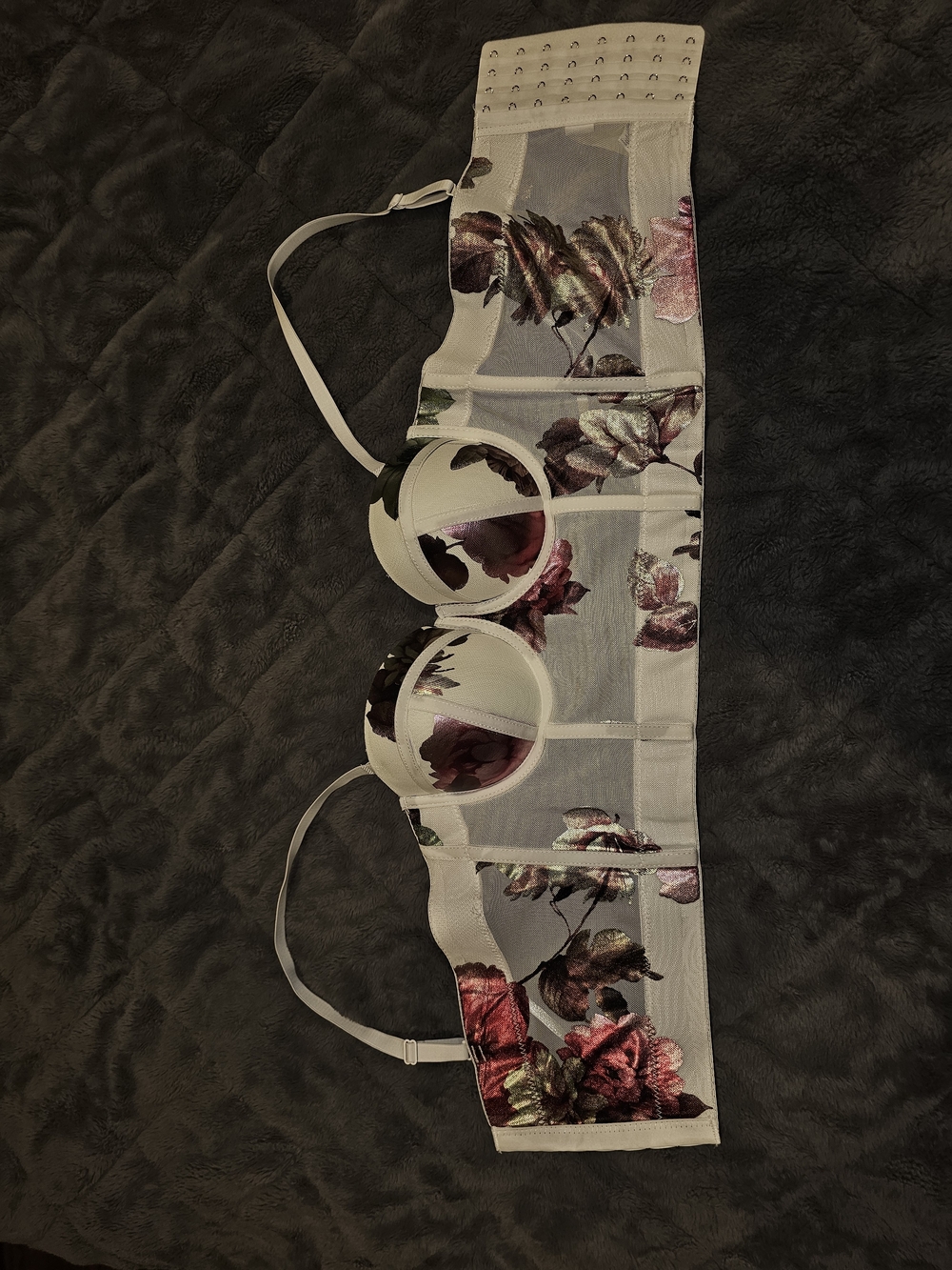 Worn Once - White Longline Strapless Bra with Sheer Floral Mesh